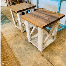 Load image into Gallery viewer, Rustic Farmhouse End Tables Set: Distressed White & Provincial Brown, X-Base