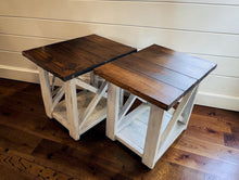 Load image into Gallery viewer, Rustic Farmhouse End Table Set: Dark Walnut Top, Distressed Base, X Brace