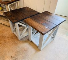 Load image into Gallery viewer, Rustic Farmhouse End Table Set: Dark Walnut Top, Distressed Base, X Brace