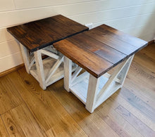 Load image into Gallery viewer, Rustic Farmhouse End Table Set: Dark Walnut Top, Distressed Base, X Brace