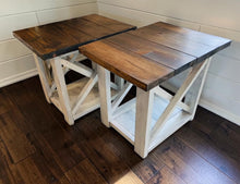 Load image into Gallery viewer, Rustic Farmhouse End Table Set: Dark Walnut Top, Distressed Base, X Brace