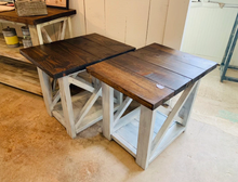 Load image into Gallery viewer, Rustic Farmhouse End Table Set: Dark Walnut Top, Distressed Base, X Brace