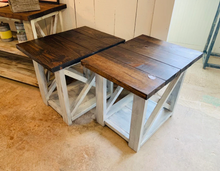Load image into Gallery viewer, Rustic Farmhouse End Table Set: Dark Walnut Top, Distressed Base, X Brace
