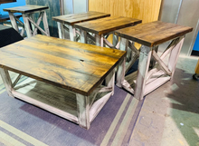 Load image into Gallery viewer, Farmhouse Coffee Table and End Tables Set: Distressed White Base, Provincial Top