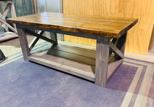 Load image into Gallery viewer, Rustic Farmhouse Coffee Table: Gray & Provincial Brown, X Accent