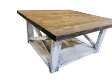 Load image into Gallery viewer, Farmhouse Square Coffee Table: Espresso Brown Top, Distressed White Base