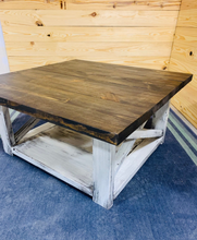 Load image into Gallery viewer, Farmhouse Square Coffee Table: Espresso Brown Top, Distressed White Base