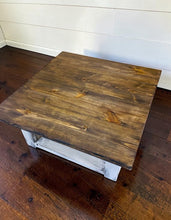Load image into Gallery viewer, Farmhouse Square Coffee Table: Espresso Brown Top, Distressed White Base