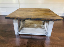 Load image into Gallery viewer, Farmhouse Square Coffee Table: Espresso Brown Top, Distressed White Base