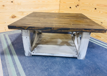Load image into Gallery viewer, Farmhouse Square Coffee Table: Espresso Brown Top, Distressed White Base