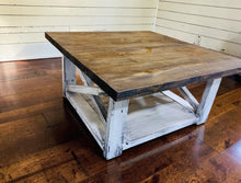 Load image into Gallery viewer, Farmhouse Square Coffee Table: Espresso Brown Top, Distressed White Base