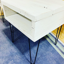 Load image into Gallery viewer, Distressed White Side Table with Hairpin Legs: Industrial Nightstand
