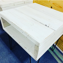 Load image into Gallery viewer, Distressed White Side Table with Hairpin Legs: Industrial Nightstand