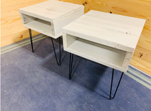 Load image into Gallery viewer, Distressed White Side Table with Hairpin Legs: Industrial Nightstand