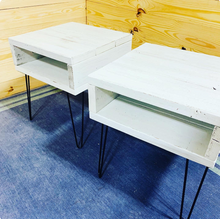 Load image into Gallery viewer, Distressed White Side Table with Hairpin Legs: Industrial Nightstand