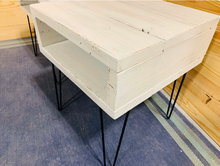 Load image into Gallery viewer, Distressed White Side Table with Hairpin Legs: Industrial Nightstand