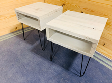 Load image into Gallery viewer, Distressed White Side Table with Hairpin Legs: Industrial Nightstand