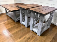 Load image into Gallery viewer, Rustic Farmhouse Wood Coffee Table Set, Distressed White End Tables