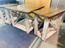 Load image into Gallery viewer, Rustic Farmhouse Table Set: Distressed White & Provincial Brown