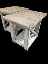 Load image into Gallery viewer, Rustic Farmhouse End Table Set: Gray White Wash, Distressed Base, X Brace