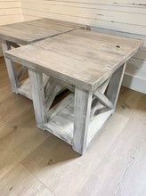 Load image into Gallery viewer, Rustic Farmhouse End Table Set: Gray White Wash, Distressed Base, X Brace