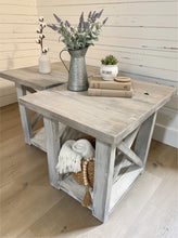 Load image into Gallery viewer, Rustic Farmhouse End Table Set: Gray White Wash, Distressed Base, X Brace
