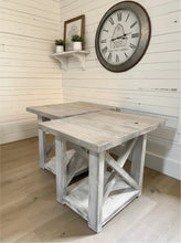 Load image into Gallery viewer, Rustic Farmhouse End Table Set: Gray White Wash, Distressed Base, X Brace