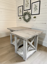 Load image into Gallery viewer, Rustic Farmhouse End Table Set: Gray White Wash, Distressed Base, X Brace