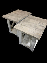 Load image into Gallery viewer, Rustic Farmhouse End Table Set: Gray White Wash, Distressed Base, X Brace