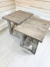 Load image into Gallery viewer, Rustic Farmhouse End Table Set: Gray White Wash, Distressed Base, X Brace