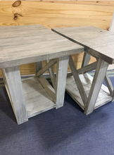 Load image into Gallery viewer, Rustic Farmhouse End Table Set: Gray White Wash, Distressed Base, X Brace