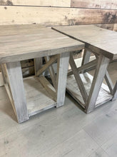 Load image into Gallery viewer, Rustic Farmhouse End Table Set: Gray White Wash, Distressed Base, X Brace