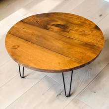 Load image into Gallery viewer, Round Coffee Table Wood Hairpin Legs Rustic Farmhouse Pine Living Room Handmade Metal Design
