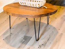 Load image into Gallery viewer, Round Coffee Table Wood Hairpin Legs Rustic Farmhouse Pine Living Room Handmade Metal Design
