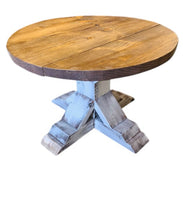 Load image into Gallery viewer, Round Farmhouse Coffee Table: Distressed White Pedestal Base, Provincial Brown Top