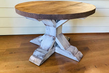 Load image into Gallery viewer, Round Farmhouse Coffee Table: Distressed White Pedestal Base, Provincial Brown Top