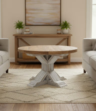 Load image into Gallery viewer, Round Farmhouse Coffee Table: Distressed White Pedestal Base, Provincial Brown Top