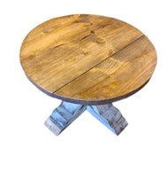 Load image into Gallery viewer, Round Farmhouse Coffee Table: Distressed White Pedestal Base, Provincial Brown Top