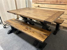 Load image into Gallery viewer, Farmhouse Trestle Table Set: Black Base, Provincial Brown Top, Benches