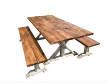 Load image into Gallery viewer, Farmhouse Trestle Dining Table Set With Benches 7ft Rustic Pine Wood Handmade