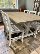 Load image into Gallery viewer, Farmhouse Trestle Dining Table Set with Chairs Rustic Wood White Kitchen Furniture