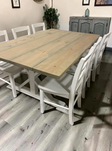 Load image into Gallery viewer, Farmhouse Trestle Dining Table Set with Chairs Rustic Wood White Kitchen Furniture