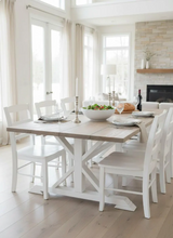 Load image into Gallery viewer, Farmhouse Trestle Dining Table Set with Chairs Rustic Wood White Kitchen Furniture