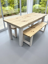 Load image into Gallery viewer, 6-Foot Narrow Farmhouse Dining Table Set: Rustic Wood Table & Benches