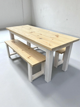 Load image into Gallery viewer, 6-Foot Narrow Farmhouse Dining Table Set: Rustic Wood Table & Benches