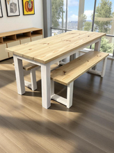 Load image into Gallery viewer, 6-Foot Narrow Farmhouse Dining Table Set: Rustic Wood Table & Benches