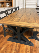 Load image into Gallery viewer, 8-Foot Farmhouse Dining Table: Distressed Black, Provincial Brown, Pedestal Base