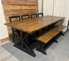 Load image into Gallery viewer, 8-Foot Farmhouse Dining Table: Distressed Black, Provincial Brown, Pedestal Base
