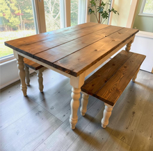 Load image into Gallery viewer, Farmhouse Table Set with Turned Legs, Two Benches, Provincial Brown Top and Gray Sun-Bleached Stain Base Dining Set