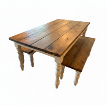 Load image into Gallery viewer, Farmhouse Table Set with Turned Legs, Two Benches, Provincial Brown Top and Gray Sun-Bleached Stain Base Dining Set